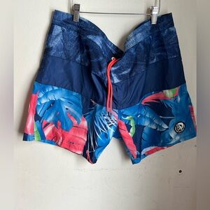 DIESEL Men's Navy Tropical Print Swim Trunks with Coral Drawcord